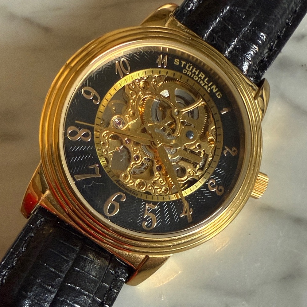 Stuhrling Original Black and Gold Krysterna Stainless Steel Skeleton Watch